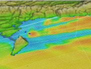 Three dimensional plot of surface topography at 220 m resolution with an example of the forecasted wind streamlines (white lines) and speeds (colour, blue lighter winds, yellow/reds stronger winds) over water. Figure demonstrates the detail in the 220 m grid and forecasts. Circle indicates a race area.