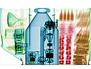 A scan of a unit loading device containing mixed cargo taken using CSIRO's Air Cargo Scanner. The items show up as different colours, depending on their composition.
