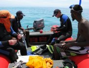 Mr Kunu Wailu (second from left) and Mr Sabu Tabo (right) from Mer Island with CSIRO researchers during a recent Trochus (sea snail) and Bêche-de-Mer (sea cucumber) survey of Torres Strait.