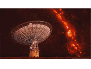 CSIRO's Parkes telescope with small lights flashing occasionally in the dark sky.