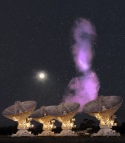 An image of the giant "radio galaxy" Centaurus A, shown to scale behind CSIRO's Compact Array telescope, which captured data for the image. The bright dot is the Moon. Centaurus A lies 14 million light-years away. The galaxy houses a supermassive black hole that blows radio-emitting particles millions of light-years into space. (Image: I. Feain, T. Cornwell & R.D. Ekers (CSIRO); R. Morganti (ASTRON), N. Junkes (MPIfR). Photo of the ATCA and Moon: S. Amy)
