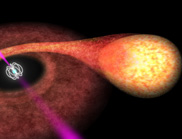 A colourful drawing of a radio pulsar and it's companion star