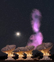 Four telescopes with a long purple looking cloud in the background