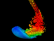 Simulated liquid flow with velocity magnitude information mapped onto meshed surface. 