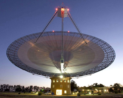 The Parkes radio telescope showing the new focus cabin and improved reflector surface