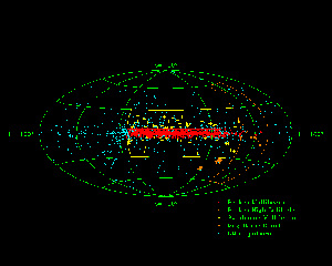 The positions of known pulsars in Galactic coordinates - centred at the Galactic Centre and with the Galactic Equator (Milky Way) horizontally across the middle. Pulsars discovered in the Parkes 20 cm Multibeam pulsar surveys are marked