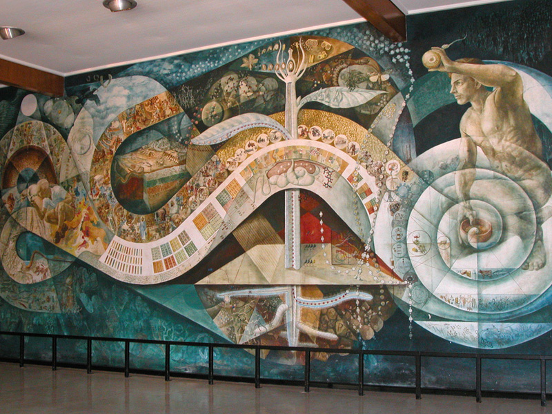 A painted mural depicting a man and elements of nature