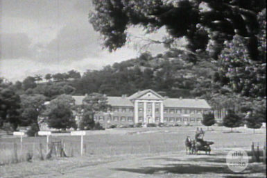Historical image of a Waite laboratory with horse and cart in the foreground