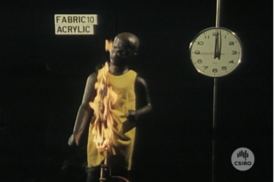 Flammability tests being conducted on Fire-Resistant Experimental Dummy, FRED.