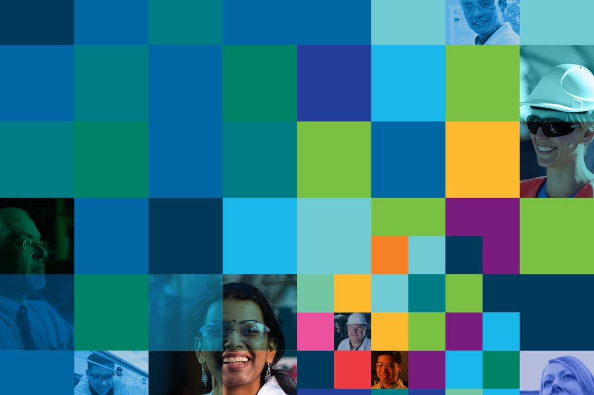 Collage of various coloured blocks with images of people placed behind a selection of faded areas.