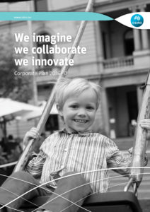 Cover of the 2016-17 Corporate Plan shows a young boy on a swing; and included the text 'We imagine, we collaborate, we innovate, Corporate Plan 2016-17'. 