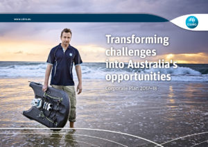 Cover of the Corporate Plan 2017-18 showing a man walking along the beach carry scientific equipment with the words 'Transforming challenges into Australia's opportunities. Corporate Plan 2017-18.'