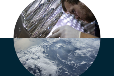 Front cover of the 2021-22 Corporate Plan with an image od a man looking closely at silver thingies in the top half of the sphere and a look at earth from space in the bottom half of the sphere.
